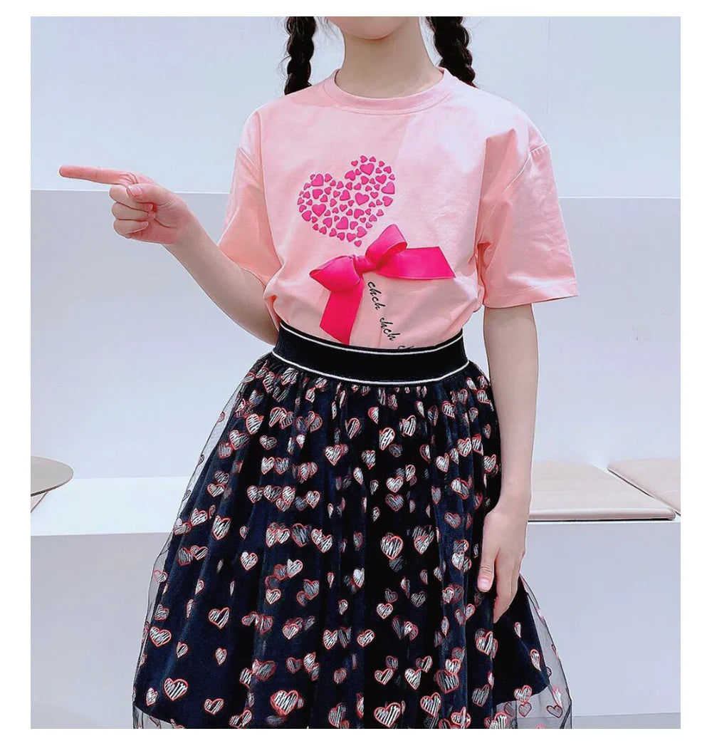 Children's Short-Sleeved Love Print Embroidery Pattern Cotton Loose Summer New Outdoor Casual Boys Girls Tops Comfortable