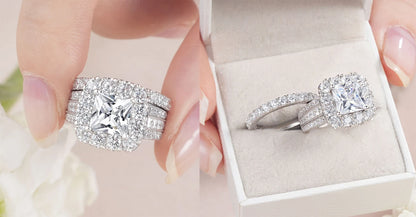 2Pcs 925 Silver Wedding Rings Set for Women Halo Princess Cut White Cubic Zircon Vintage Luxury Jewelry Engagement Ring