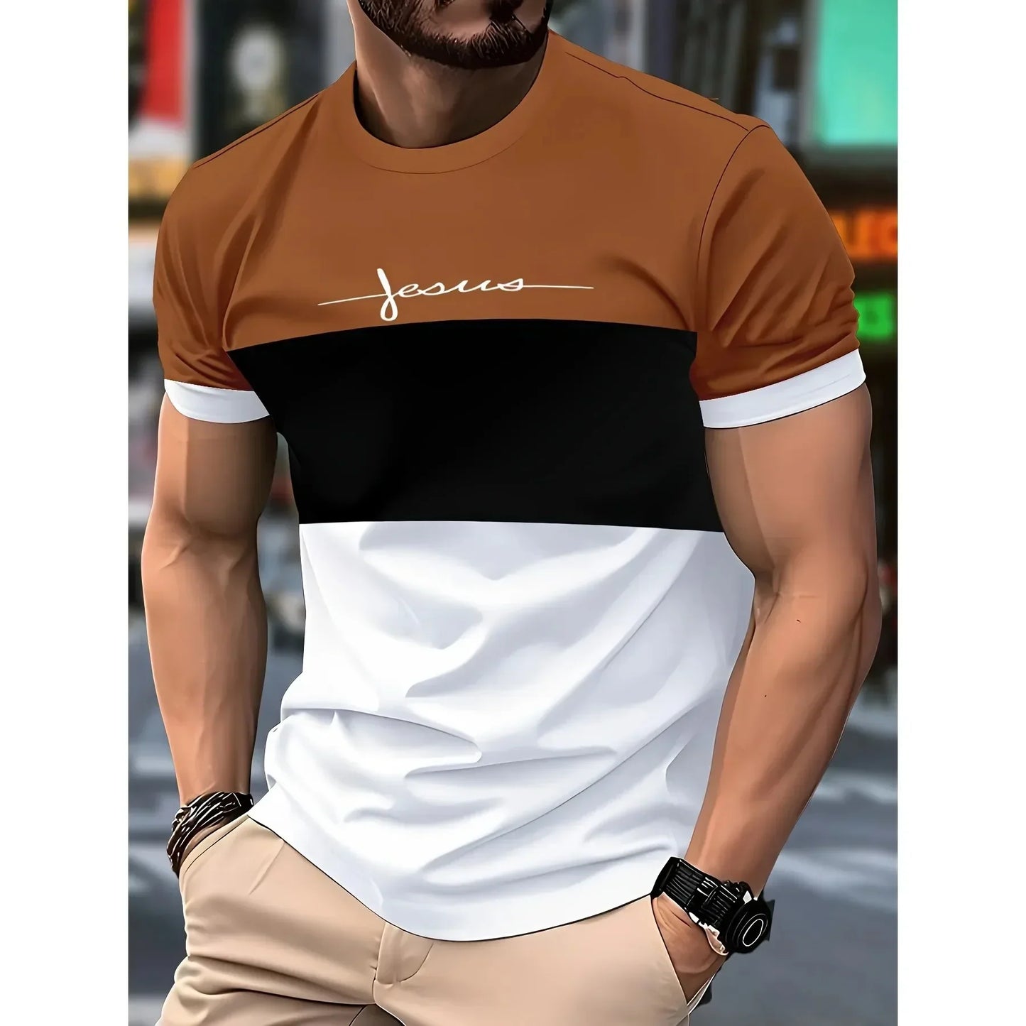 2026 Fashion Letter Printed T-shirt Color Block Casual Short Sleeve Tops Summer Breathable Crew Neck T Shirt Street Man Clothes