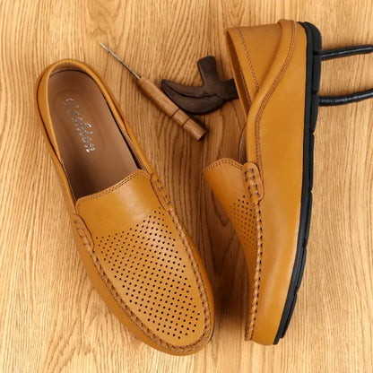 Italian Summer Hollow Shoes Men Casual Luxury Brand Genuine Leather Loafers Men Breathable Boat Shoes Slip On Moccasins