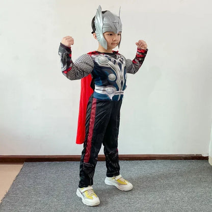 New Thor Cosplay Muscle Costume Jumpsuit Mask Hammer Halloween Carnival Clothes for Children Kids Thor Muscle Costume