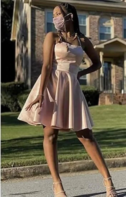 Short Homecoming Dresses for Teens With Pockets Spaghetti Straps Satin Prom Dress for Women A-line Knee Length Party Dress