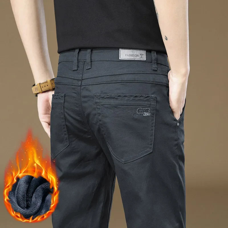 3 Colors Men's Fleece Casual Pants 97% Cotton Warm Velvet Elasticity Business Trousers Straight Fashion Korean Thicken Pants