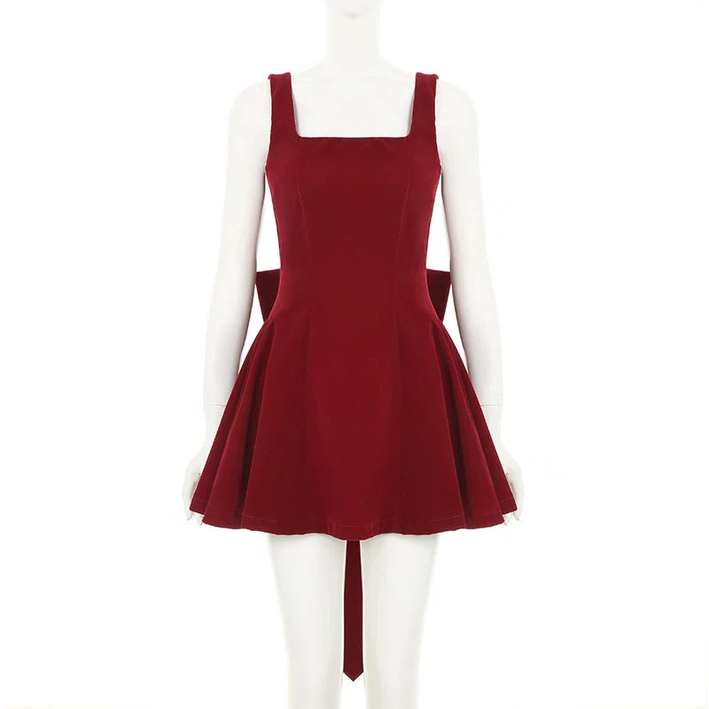 Fashion Red Bowknot Mini Dress Straps Square Collar Sleeveless Backless Vintage Cute Ladies Slim Party Short A-line Dresses