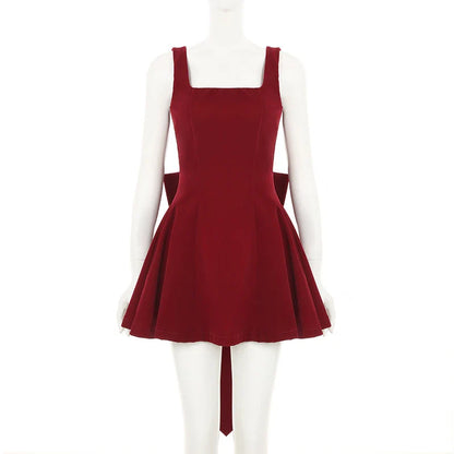 Fashion Red Bowknot Mini Dress Straps Square Collar Sleeveless Backless Vintage Cute Ladies Slim Party Short A-line Dresses