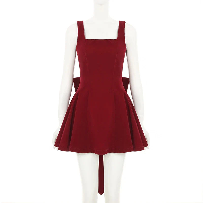 Fashion Red Bowknot Mini Dress Straps Square Collar Sleeveless Backless Vintage Cute Ladies Slim Party Short A-line Dresses
