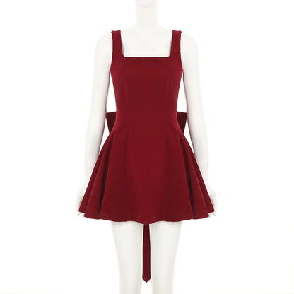 Fashion Red Bowknot Mini Dress Straps Square Collar Sleeveless Backless Vintage Cute Ladies Slim Party Short A-line Dresses