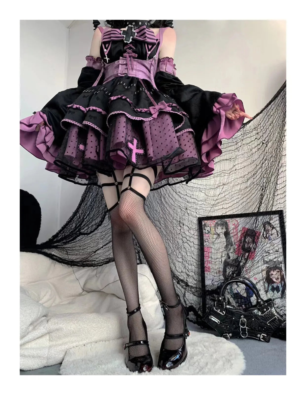 New 2024 Punk Gothic High Heels Pumps Women Rose Heeled Patent Leather Lolita Shoes Woman Y2K Ankle Straps Black Mary Jane Shoes