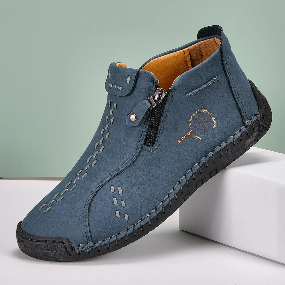 Sapatos Masculinos Clássicos de Couro Feitos à Mão, Design com Zíper, Tênis Esportivos para o Ar Livre, Sapatos Casuais Respiráveis com Elástico, Botas Masculinas de Couro no Tornozelo