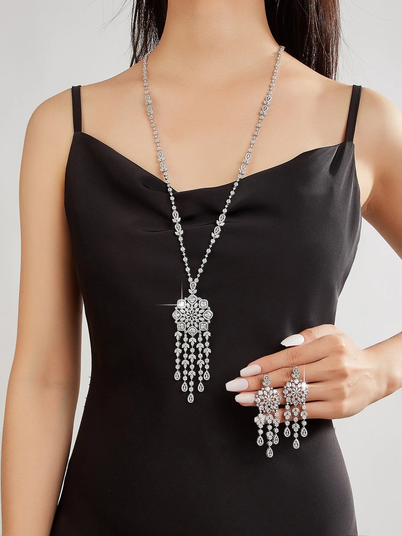 Luxury Geometric Water Drop Long Necklace Earrings Ring Sets For Women Cubic Zirconia CZ African Dubai Bridal Jewelry