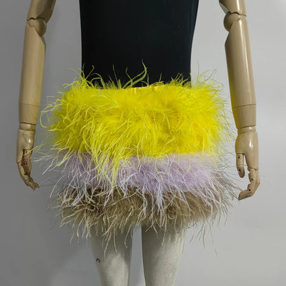 True ostrich feather Multicolor Mini Skirt Elastic Waist  Sexy Clothing Club Party Dance Rave Short Skirt Note select 3 colors