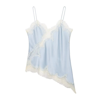 Women Fashion Asymmetric Lace Tops Sexy V Neck Short Camisole Tank Top Summer Lady Holiday Underwear Style Camis