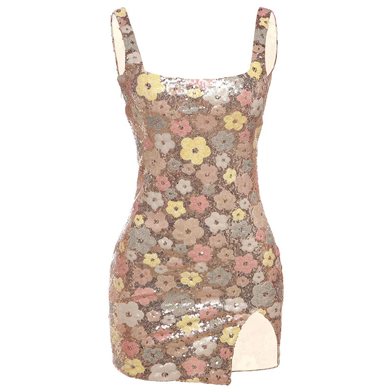 Colorful Flower Print Mini Dress Women Sequins Patchwork Skinny Backless Sleeveless Vacation Trend Elegant Outfits