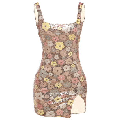 Colorful Flower Print Mini Dress Women Sequins Patchwork Skinny Backless Sleeveless Vacation Trend Elegant Outfits
