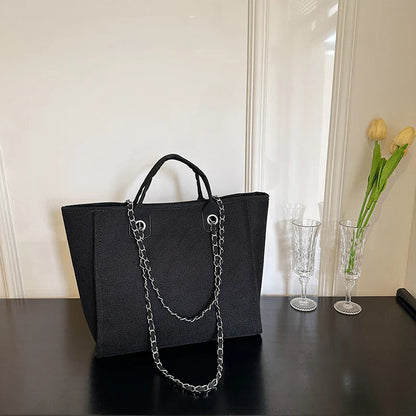 Matte Canvas Shoulder Bag Solid Color with Chain Strap Lightweight Large Capacity Embroidered Zipper Classic Handbag