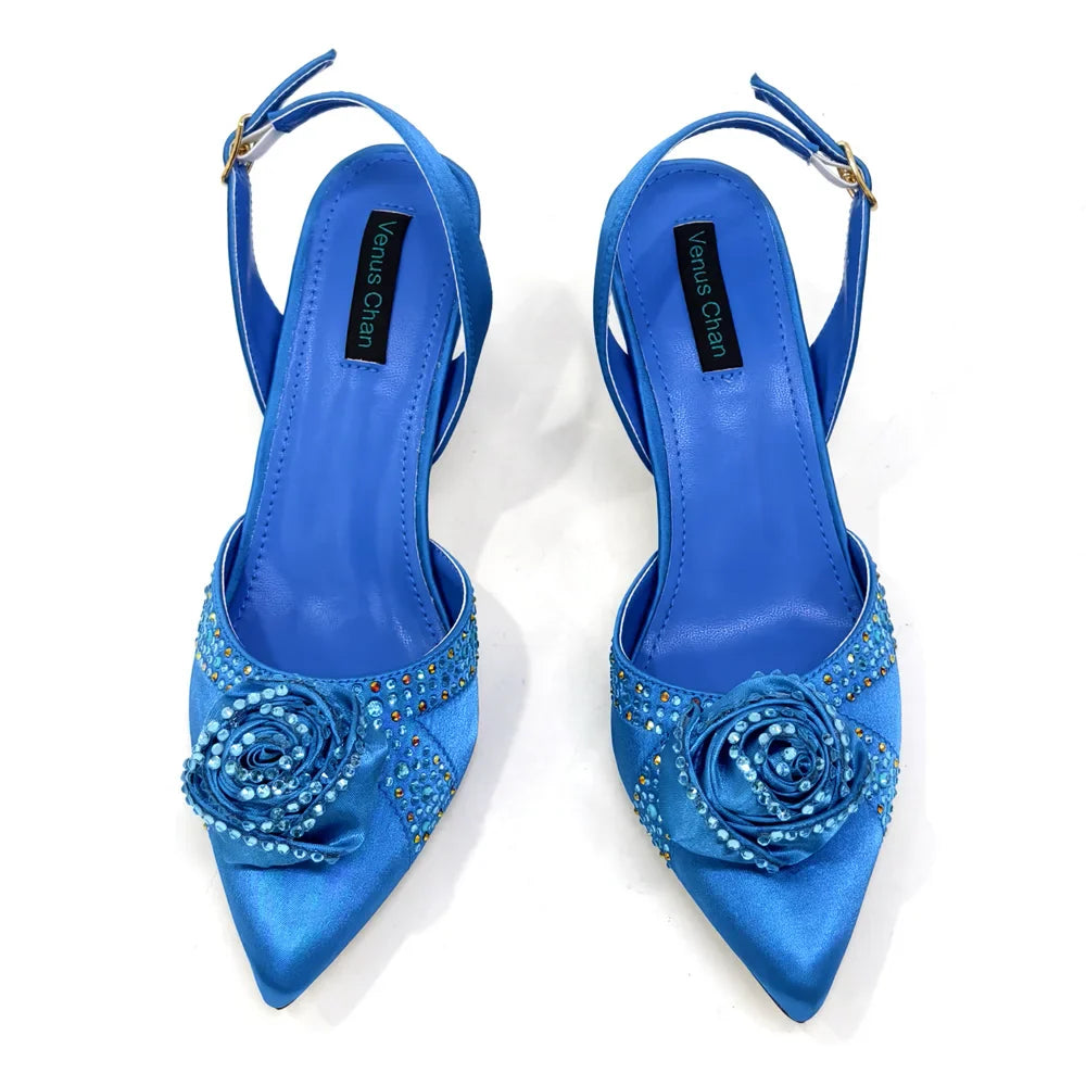 Elegant Rhinestone-Embellished Brown Heeled Shoes and Handbag Set for Women with Floral Decoration – Perfect Small Size Fashion