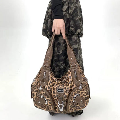 Y2K vintage hot girl personality leopard print shoulder bag with multiple compartments, Maillard crossbody handbag