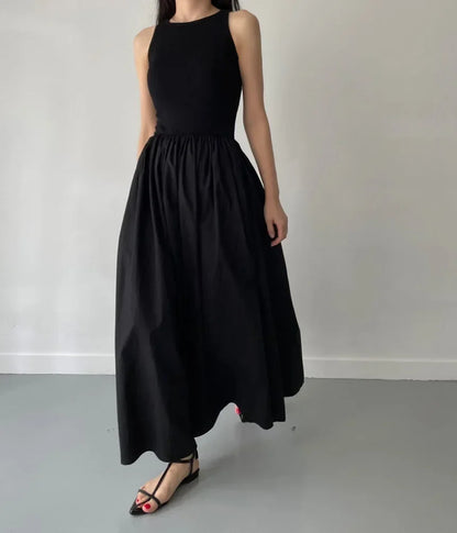 Simple Elegant Black Long Dresses For Women Round Neck Sleeveless High Waist Temperament Female Fashion Style Dress