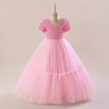 Summer Sequin Bridesmaids Girl Dresses Elegant Tulle Wedding Princess Party Prom Dress for Girl Birthday Pageant Evening Costume