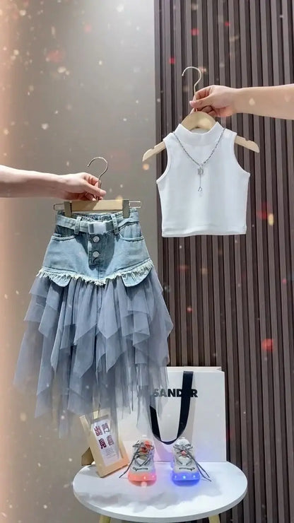Girls' Summer New Set 2025 Korean Version Baby Girl Tank Top Mesh Splicing Cowboy Skirt Set kids jacket