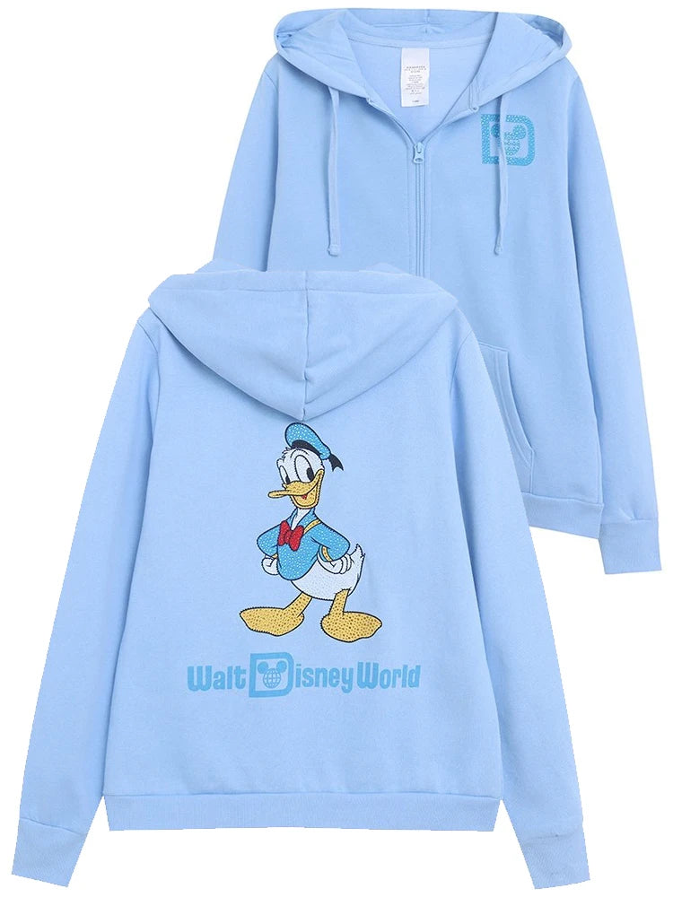Donald Duck Letter Diamonds Fleece Sweatshirt Jacket Unisex Women Hooded Zip Up Jumper Tops