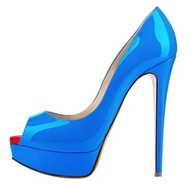 2026 New Women Pumps Sexy Platform Peep Toe 14cm Extremely High Heels Stiletto Patent Leather Party Nighclub Red Wedding Shoes