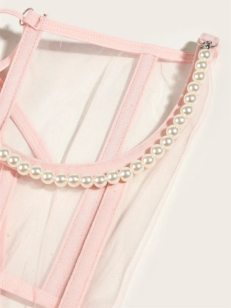 Pearl Chain Bustiers Tied Waspie Wide Belt Cinchers Underwire Lace-up Underbust Corset Bustier Corsets Tops Boned Corset