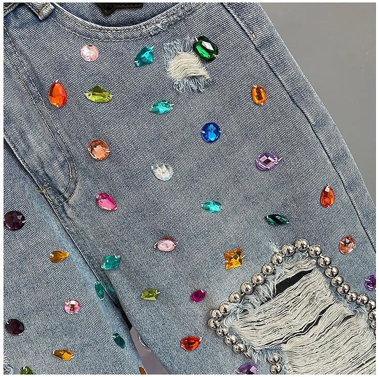 Colorful Diamond Studded Nail Bead Ripped Jeans Blue High Waisted Loose Shorts Shiny Fashionable Versatile Casual Trousers