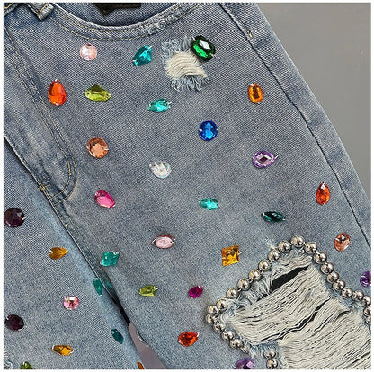 Colorful Diamond Studded Nail Bead Ripped Jeans Blue High Waisted Loose Shorts Shiny Fashionable Versatile Casual Trousers
