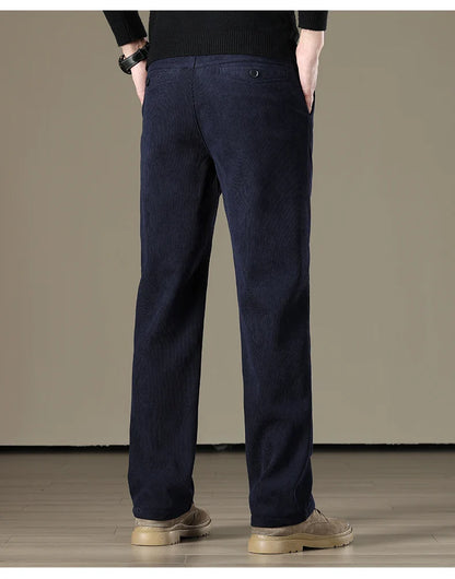 Winter Men Business Fleece Thick Casual Pants Straight Velvet Corduroy Warm Cold Resistant Bottoms Elastic Waist Trousers