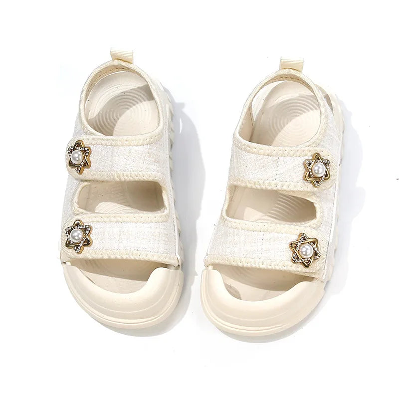 2025 Nice Straw Children Sandals New Arrivals Girls Appliques Metal Decos Sandals for Kids Girl Anti-kick Toe Beach Shoes I03242