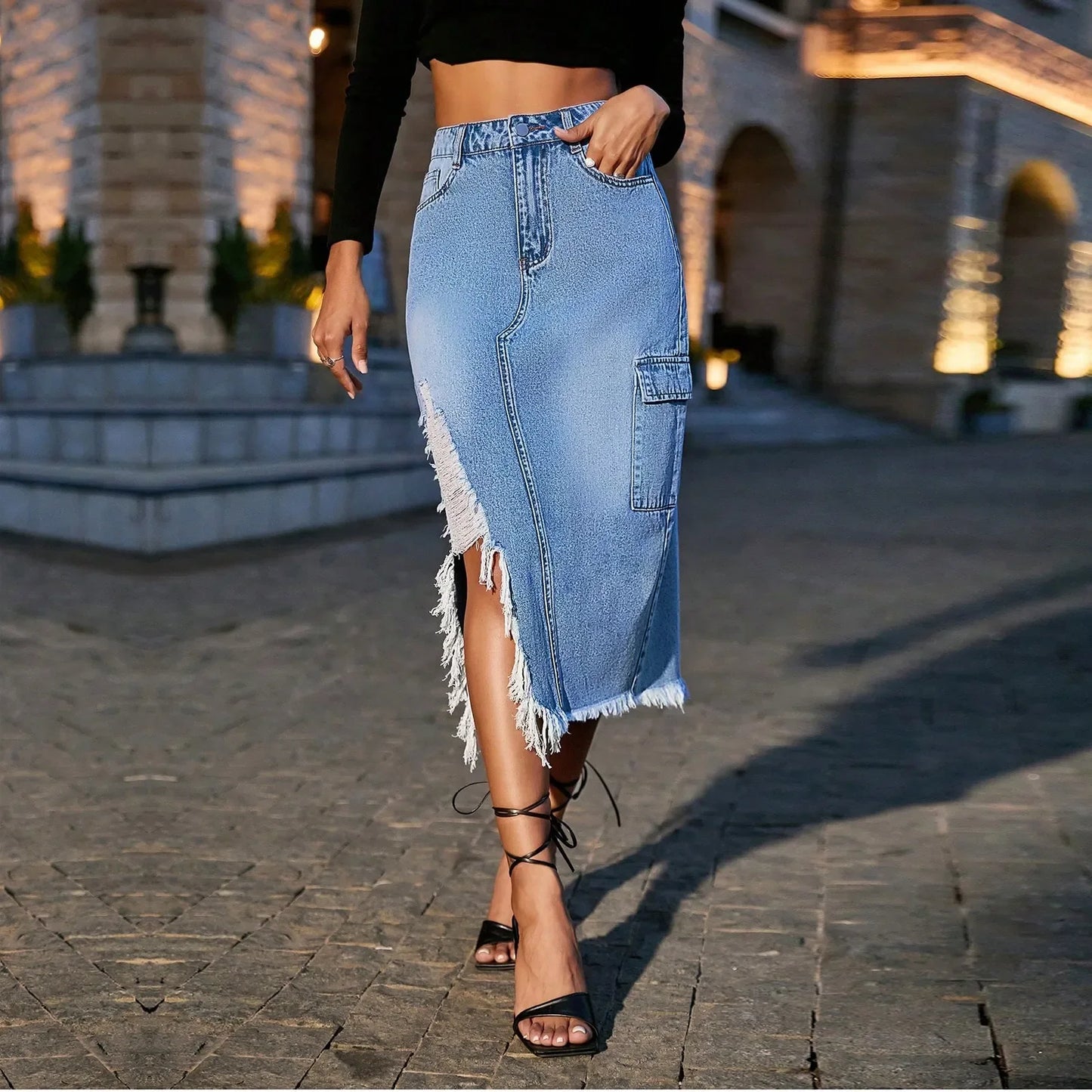 Saia Jeans Feminina De Cintura Alta Slim-Fit Com Fendas Laterais
