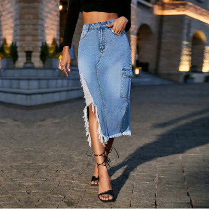 Saia Jeans Feminina De Cintura Alta Slim-Fit Com Fendas Laterais