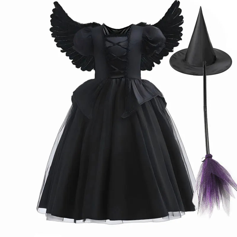 Black Princess Witch Dress with Hat Halloween 2025 Wizard Costume Play Girl Carnival Street Party Apparel Villain Witch Vestidos