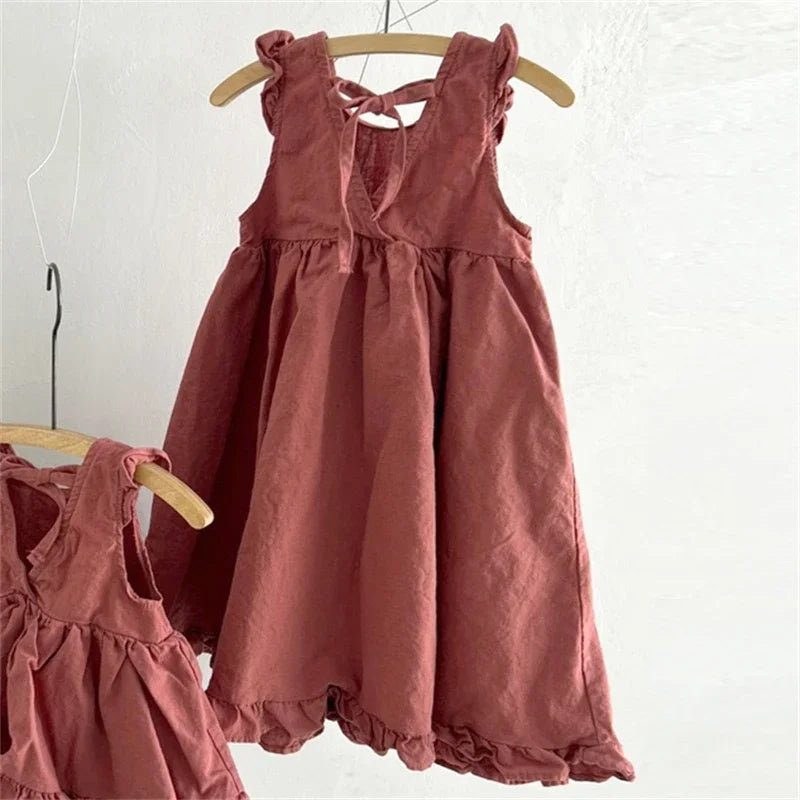 Korean Style New Summer Clothes for Baby Girl Dress Back V-neck Sleeveless Princess Dress Loose Doll Skirt Kids Clothes E1158