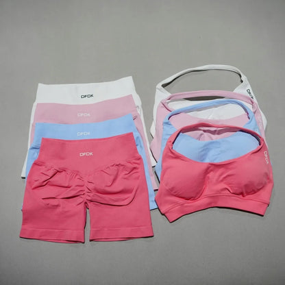 Women's Fashion 2 Piece Sports Set Lace Up Sports Bra Seamless Shorts Leggings Yoga Gym Fitness Running Tracksuit