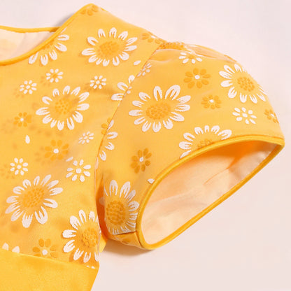 Cross-border special summer burst dress girls printed waist wedding dress flower girl short-sleeved princess puffy skirt