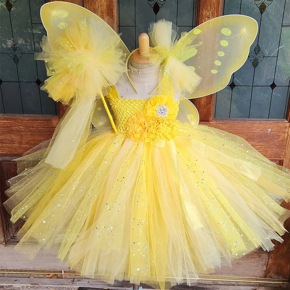 Girls Yellow Glitter Flower Fairy Dress Kids Butterfly Sparkled Tutus with Wing and Hairbow Children Party Costume Dress Outfits