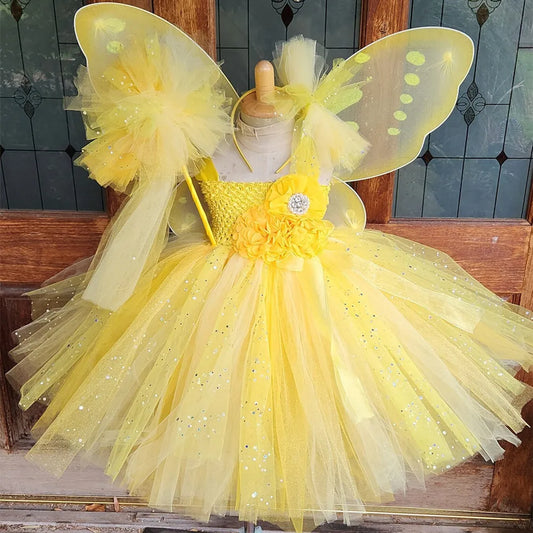 Girls Yellow Glitter Flower Fairy Dress Kids Butterfly Sparkled Tutus with Wing and Hairbow Children Party Costume Dress Outfits