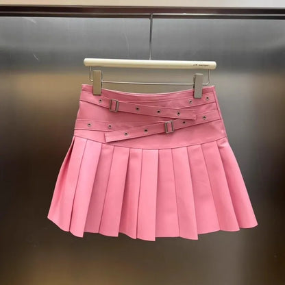 Punk Women Genuine Leather Skirt High Waist Sexy Mini A Line Skirts New Solid Color Ladies Casual Sweet Sheepskin Pleated Skirt
