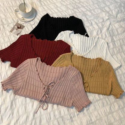 TShirt For Women V-neck Summer Simple Versatile Casual Crop Tops Bandage Ribbed Short Sleeve Women's Top T-Shirt Girl
