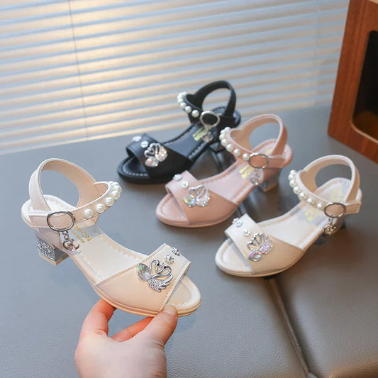Girls Shiny Rhinestone Flowers Leather Sandals 2026 New Summer Toddler Strappy Sandals Hight Heel Soft Sole Princess Style Shoes