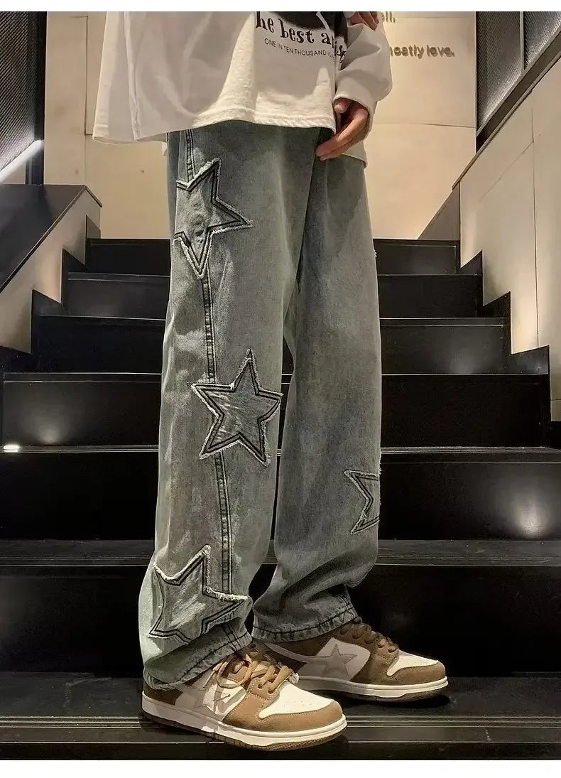 Star Embroidered Straight Casual Men's Jeans Y2K Gothic Unisex New Wide-leg Loose, Comfortable Fashionable Youth Street Jeans