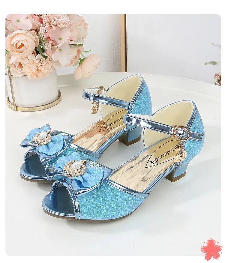 New Girl's High Heel Shoes for Kids Party Wedding Fashion Princess Causal Dress Shoes Sequins Versatile Children's Crown Sandals
