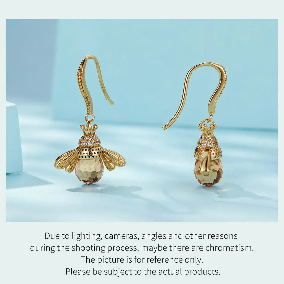 Hot Sale 925 Sterling Silver Yellow Bee Drop Earrings for Women Lovely Insect Earrings Fine Jewelry Gift SCE149