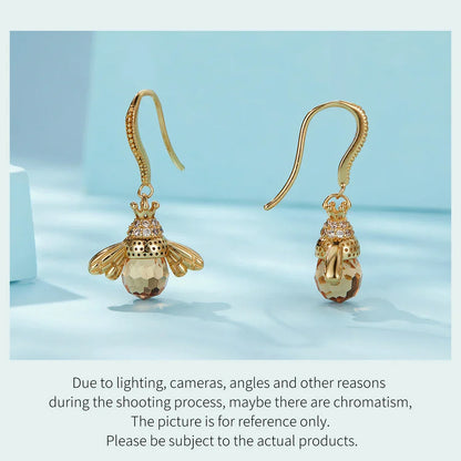 Hot Sale 925 Sterling Silver Yellow Bee Drop Earrings for Women Lovely Insect Earrings Fine Jewelry Gift SCE149
