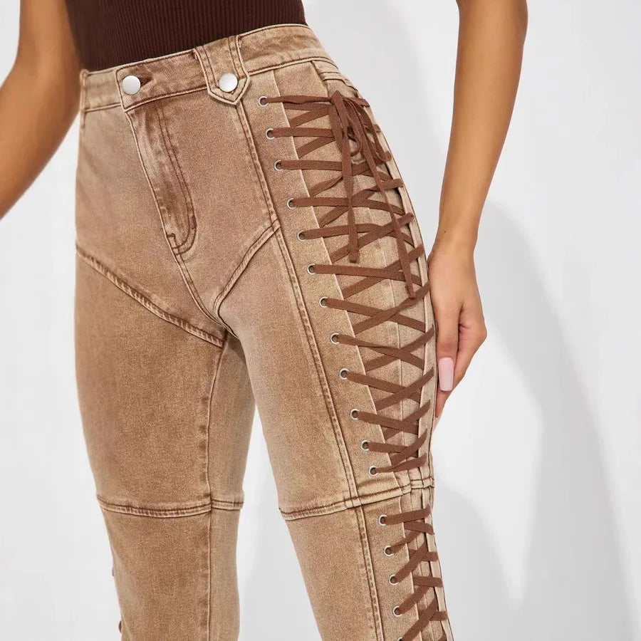 Spliced Draw String Denim Ankle Length Pants