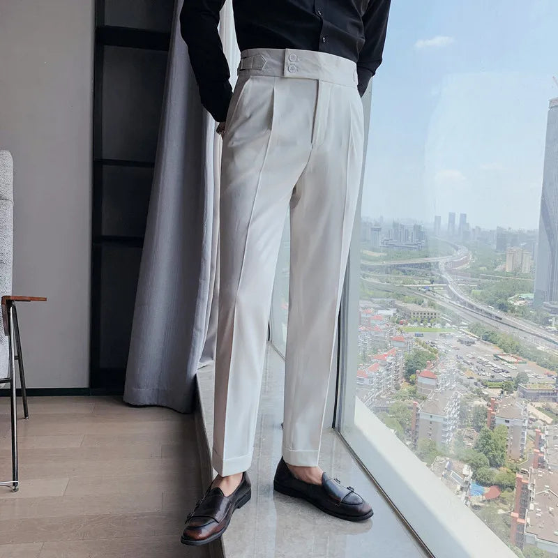 Men British Style Suits Pants New Male Solid High Waist Trousers High Quality Men Formal Slim Fit Business Casual Suit Pants