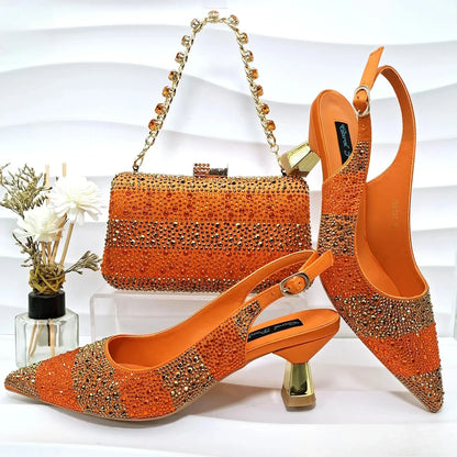 Fashion Nigerian Women Heel Party Ladies Italian Design Green Shoes And Bag Set Decorated with Rhinestone Handbag Wedding Party