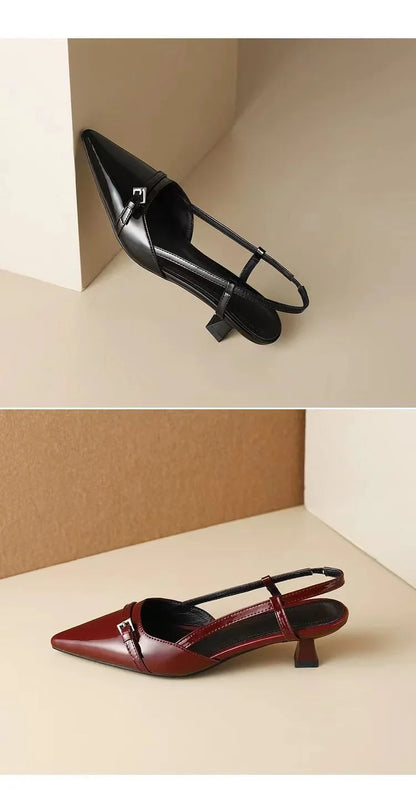 2025 French Pointed Sandals Burgundy Patent Crisscross Straps Metal Decor Slim Heel Open-Back Fairy Sandals